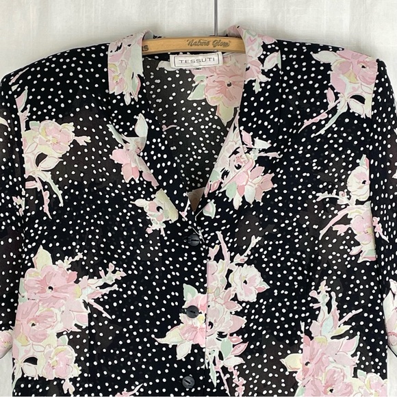 Vintage TESSUTI Floral Print Blouse short sleeve black pastels polka dots 90s - Picture 2 of 15